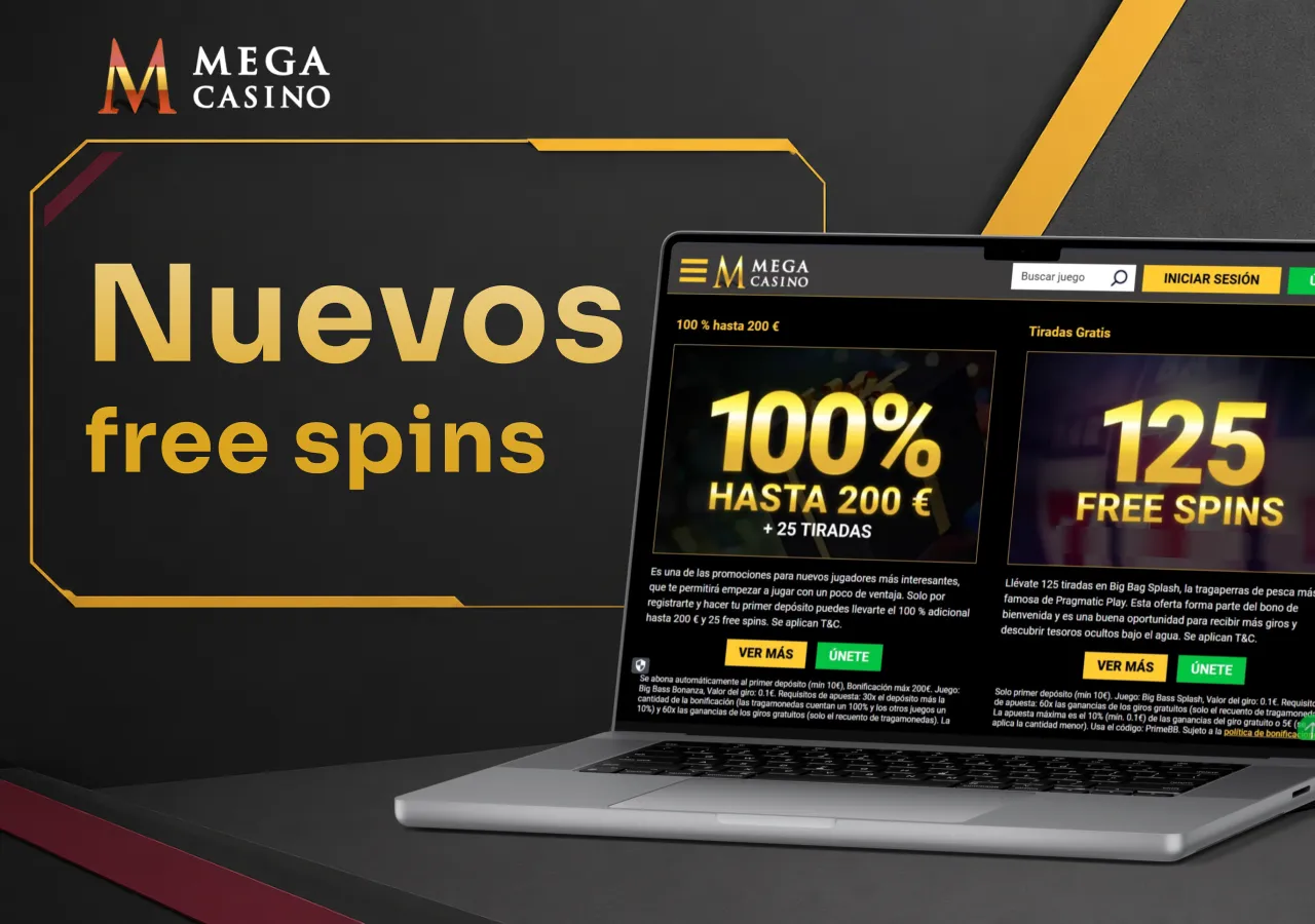 Portátil con los bonos sin depósito para nuevos jugadores de Mega Casino.